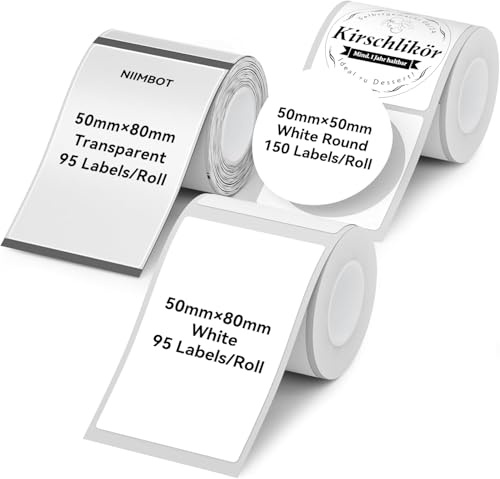 NIIMBOT Etiketten Wasserfeste Selbstklebender Etikettenband für B1 B1Pro B2 B2Pro B21 B21Pro B31 B3S K3 Etikettendrucker, 3-Rollen, 50x50mm Weiß Rund, 50x80mm Weiß, 50x80mm Transparent
