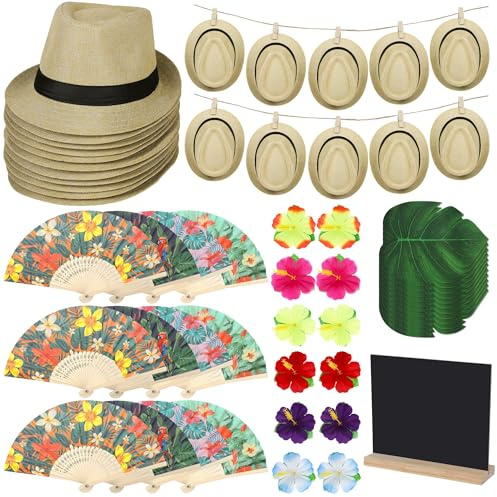 Aneco 12 Set Cuban Theme Party Supplies Fun Tropical Havana Nights Decors with Straw Sun Panama Hats Blackboard Stand Clips