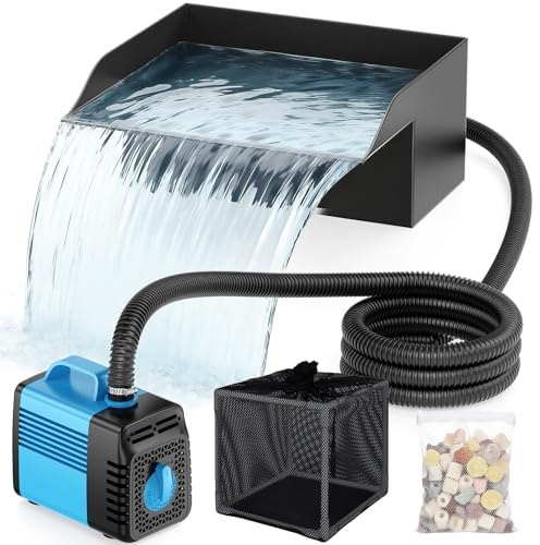 Pond Waterfall Spillway Kit, 20cm Pond Waterfall Filter with 2500L/h Waterfall Pump & Filter Cage, 3m Corrugated Tubing for Outdoor Garden Ponds, Backyard Water Features