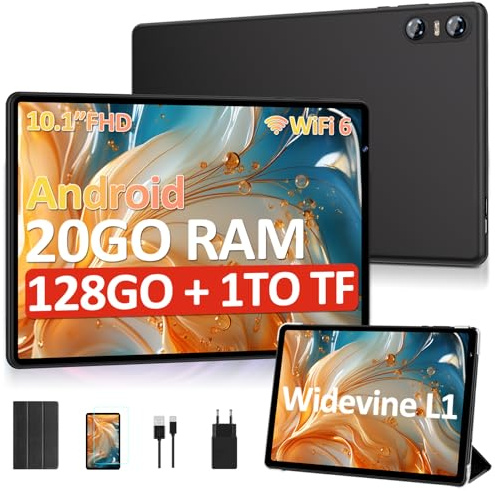 SKYEGG Tablet 10 Pulgadas Android, 20GB RAM + 128GB ROM (Ampliable hasta 1TB), WiFi 6, Widevine L1, Batería 6000mAh, con Funda – Ideal para Estudio, Trabajo y Entretenimiento – Negro