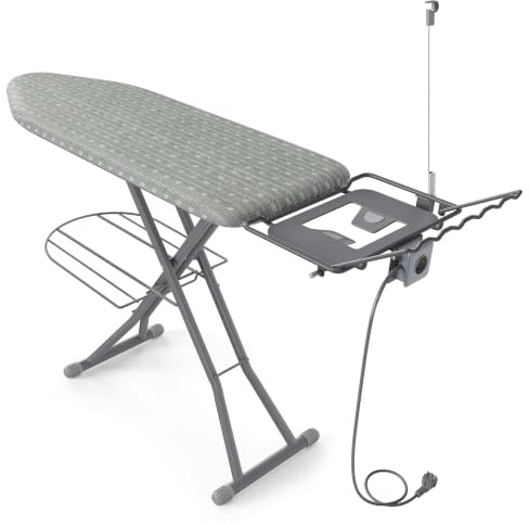 SONGMICS Bügelbrett mit Steckdose und Ablage, Bügelfläche 129 x 38 cm, Höhenverstellbar, für Dampfbügeleisen, Taubengrau, BORIX Kollektion LLB022G101