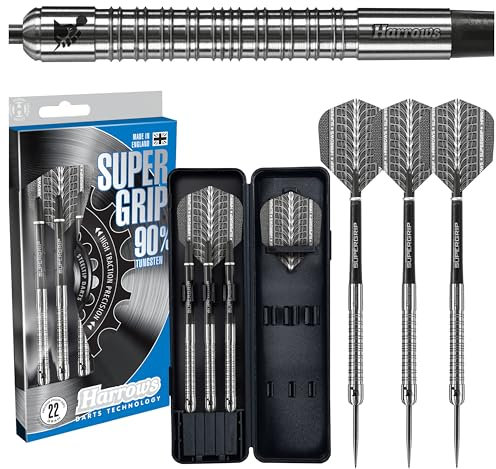 Harrows SUPERGRIP Darts-Set mit 90% Wolframstahlspitze. Erhältlich in 21 g, 22 g, 23 g, 24 g, 25 g, 26 g, 28 g und 30 g – inklusive Supergrip-Schäften, Supergrip-Flights und Reiseetui-28g