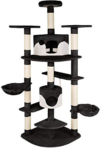 tectake® Tiragraffi per Gatti, Albero per Gatti con 2 Casette Bicolore, Tiragraffi Gatto con 2 Conche Orientabili, Albero Gatti con 3 Piattaforme, Cordicella Gioco Gatti, 204 cm - Nero/Bianco