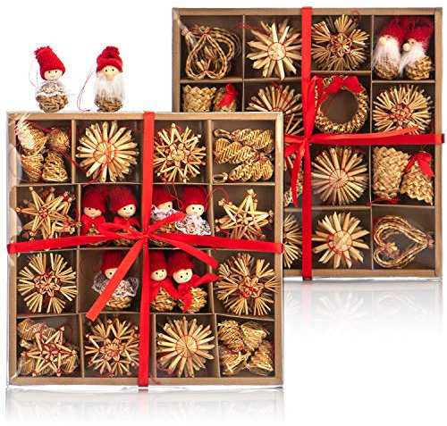 com-four® 112-teiliges Strohsterne Set - Sterne, Glocken, Tannen, und traditionelle Figuren als Christbaum-Schmuck - kleine Stroh-Anhänger als Weihnachtsbaumschmuck - natürlicher Christbaum-Behang