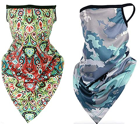 Scarf Shack Unisex Bandana Gesichtsbedeckungsmaske Schal Gesicht Rave Sturmhaube Halsmanschette mit Ohrschlaufen, Staubtuch, waschbar, Wind Motorradabdeckung für Frauen/Männer (Packung mit 2-1)