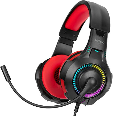 NITHO NX200 Cuffie Gaming per PS4/PS5/Xbox One/Xbox Series XS/PC/Mobile/Tablet, Microfono Cardioide Pieghevole, Effetto Luce RGB, Jack Audio 3.5 mm - Rosso