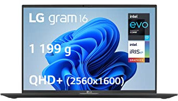 LG gram 16Z90Q-G.AD75F - PC Portable 16 1.2kg, écran IPS 2560x1600 Format 16:10, Intel® Evo™ i7, RAM 32Go, SSD 512Go NVMe, Iris®XE Graphics, Thunderbolt™ 4, Windows 11 Home, Clavier AZERTY, Noir