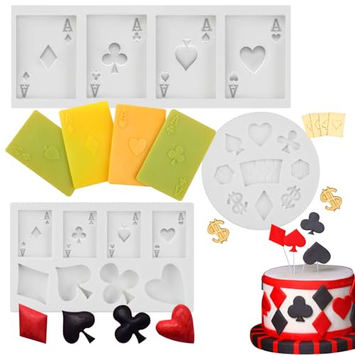 3 Stück Poker-Formen aus Silikon, Spielkarten, Casino-Thema, Fondant-Form, 3D-Form, für Zucker, Schokolade, Süßigkeiten, Dekorationen