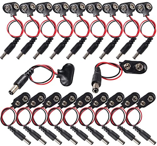 GTIWUNG 20 Piezas Clip de Batería de 9V con Enchufe de 5.5mm/2.1mm, Conector Clip de Bateria 9V Conector Soporte para Pila con Cable Conexión 15cm, Conector de Batería de 9V, Negro,I y T Tipo