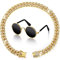 Xuniea 2 Stück Gold Katzenhalsband und Sonnenbrillen Set Kubanisches Halsband Strass mit Design Sichere Schnalle Retro Rundbrille für Hunde Katzen Party Cosplay Kostüm Foto Requisiten, 16 Zoll