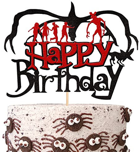 Xsstarmi 1 Packung Stranger Happy Birthday Tortenaufsatz Glitzer TV Programm Fremde Inspired Party Cake Pick für Stranger Thema Kinder Jungen Mädchen Geburtstag Party Kuchen Dekorationen Zubehör
