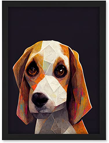 Doppelganger33 LTD Geometric Beagle Dog On Black Artwork Framed Wall Art Print A4