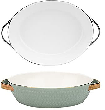 Fuente para Hornear Conjunto de 2 platos for hornear de cerámica Cena redonda de platos, cacerola de asado seguro de horno con asas de plato óvalo, alimentación que sirve las bandejas de la cena Fuent