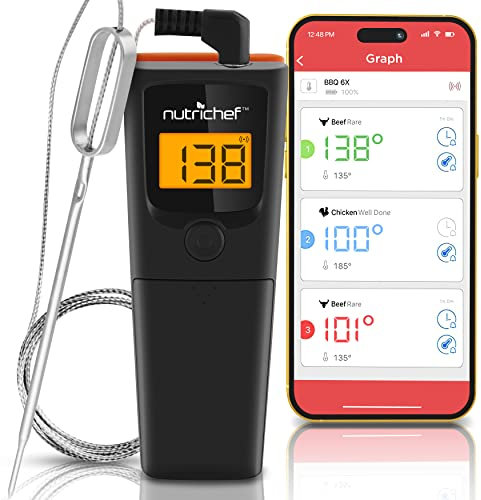 NutriChef Termometro Bluetooth per barbecue, carne, termometro digitale senza fili, con timer e allarme per affumicatore, forno, 45,7 m