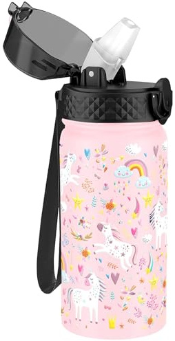 GOPPUS Kids Water Bottle (Straw Lid) - 14 Oz Stainless Steel Travel Bottle, Double Wall Vacuum Leak Proof Kids Cup for School Boys Girls,Unicorn Fields