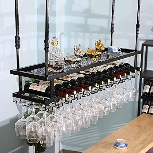 JUNNIU Weinregal zur Wandmontage – Weinglasregal zur Wandmontage, Weinregal, umgedrehte Gläser, Barschrank, Deckenweinregal, höhenverstellbar, Schwarze Glasträger für Pubs Decoration