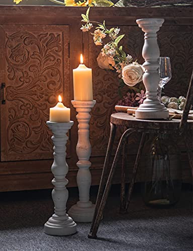 Rustikaler Holz Kerzenständer Weiss 40.5cm Hoch, Landhausstil Tischdekoration Kerzenhalter Stumpenkerzen, Distressed Weiß Teelichthalter für Hochzeits Mittelstücke Weihnachtsdekoration