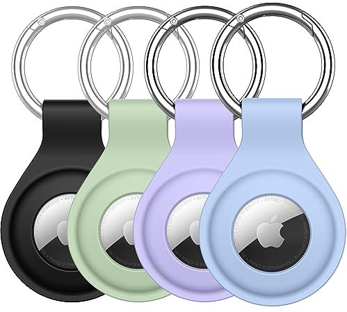 JETech Silikon Hülle für AirTag 2021 mit Schlüsselanhänger, Schutzhülle Air Tag Anhänger, Tragbar Keyring Abdeckung, Einfache Installation, 4 Stück (Schwarz/Helles Lila/Himmelblau/Matcha Grün)