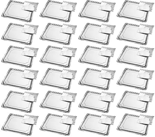 AC - Pack de 24 Bandejas con blonda Rectangular - Especial para Fiestas o Celebraciones - Material reciclable - 25 x 34 cm - Color Plata
