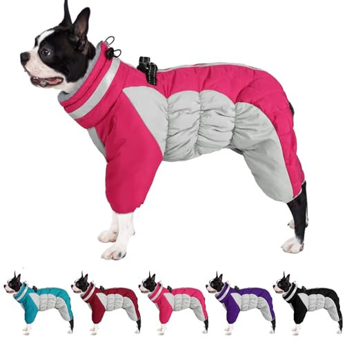 AOFITEE Warm Puffer Jacket for Winter - Windproof Dog Coat With Built-in Harness, Reflective Turtleneck, Four-Legged Fleece Snowsuit for Small Medium Large Dogs