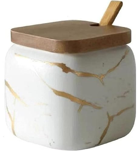 VollfitYYu Gewürzdose Zukerdose aus Keramik,Marmor Optik Salzdose 360ml Küche Gewürzbehälter mit Löffel und Deckel für Zucker Salz Gewürze Tee (Weiß)