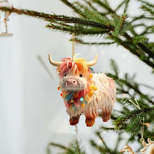 Cartoon Kuh Dekorative Acryl Bunte Hohes Land Kuh Weihnachtsbaum Ornamente Weihnachtsdeko Niedlicher Weihnachtskuh Hängende Deko Auto Anhänger Weihnachtsschmuck Christbaumschmuck (B, 8cm)