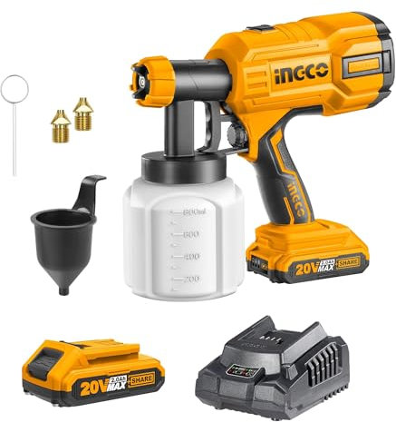 INGCO Pulvérisateur de Peinture sans Fil, 20V, Débit 800 ML/Min, 3 Modes de Pulvérisation, Pistolet à Peinture Li-ION 120DIN-s Réservoir 800ML avec 1 Batterie 2.0Ah et 1 Chargeur