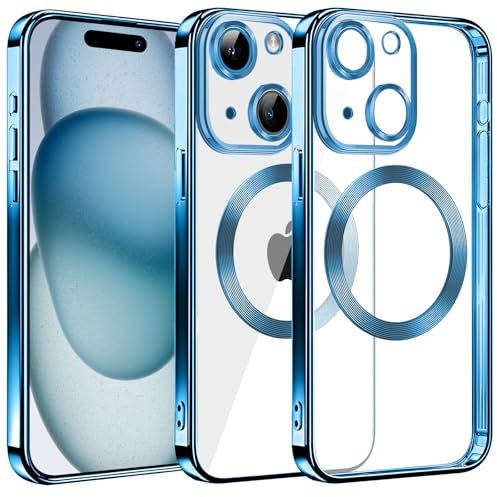 S. Dawezo Magnetisch für iPhone 15 Hülle, Kompatibel mit MagSafe, Militärnorm Schutz, Kratzfest, Stoßfest, Kameraschutz, Transparente HandyHülle Case für iPhone 15, Blau