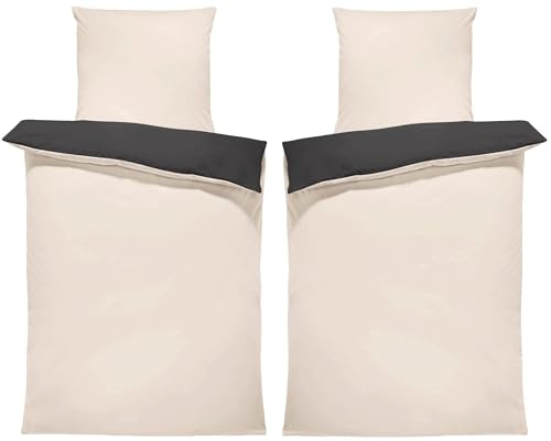 one-home Uni Wende Bettwäsche Einfarbig Mikrofaser Garnituren Bettbezüge Unifarben Reißverschluss (beige/anthrazit, 4 teilig 135x200 cm)