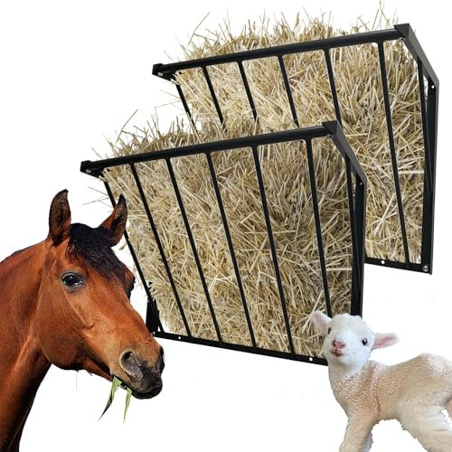 BUYYAH Heu-Futterspender für Pferde, Schafe, Ziegen, 2 Stück, 80 cm lang, mit 24 Gallonen großem Fassungsvermögen, Karbonstahl, Wandmontage, Heuraufe für Pferde, Schafe, Ziegen, Innen- und