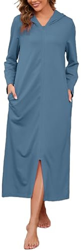 HALCYEEN Damen-Bademantel mit Kapuze, Reißverschluss, langärmelig, Hausmantel, volle Länge, Nachthemd mit Taschen, S-XXL, Hellblau, 2XL