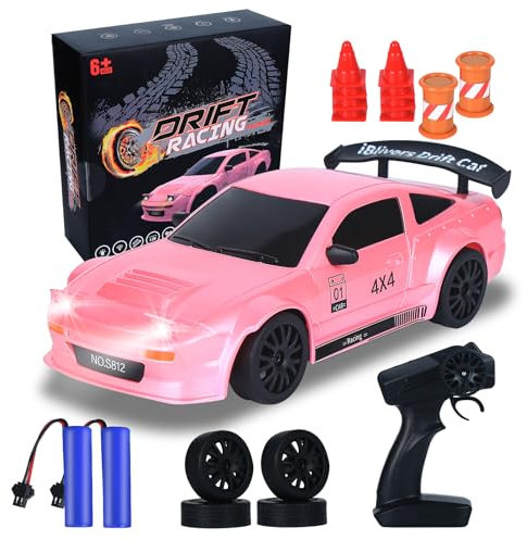 iBlivers Macchina Telecomandata de Drift, Mini Auto da drift telecomandata con acceleratore completamente proporzionale, 1:24 4WD Drift GT-RX7 RC Drifting Car regali per ragazzi bambini (Rosa)