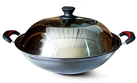 OQHAIR Wok per induzione Pentola Grande in ghisa Binaurale Ghisa Non Rivestita Soffriggere Acciaio Inossidabile con Coperchio in Vetro Fornelli a Gas Applicabile Tradizione Wok antiaderen