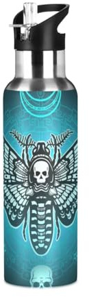 Yopersonalizes Bouteille d'eau isotherme avec paille - 1 l - Motif tête de mort et papillon - En acier inoxydable - Anti-fuite - Pour voyage, salle de sport