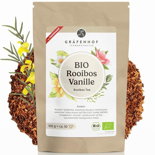 Rooibos Vanille Bio Tee, 100g cremig süß, lose, mit echten Vanilleschoten, zu 100% rein und geprüft, aus kontrolliert biologischem Anbau, ohne Koffein, Premium Gräfenhof Tee