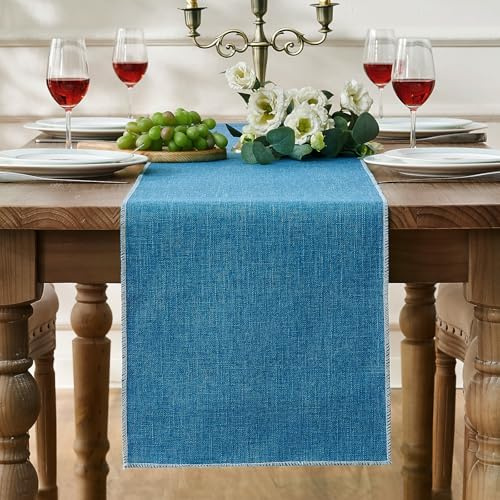 Tischläufer Abwaschbar Blau 30 x 180 cm Leinen Rustikaler Tischläufer für Hochzeitstischdekorationen, Bauernhausstil, Party, Urlaub, Küche, Couchtisch, Dekor, Abdeckung
