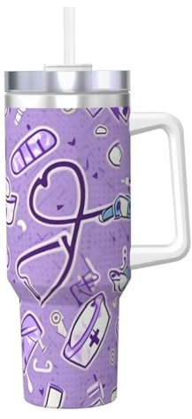 Taza térmica de 1,134.0 g con estampado morado de enfermera de acero inoxidable con aislamiento térmico para agua portátil