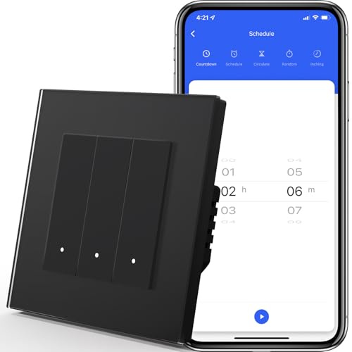 MVAVA Interruptor Inteligente con Clic,WIFI Interruptores de Luz Con Cristal,Compatible con Alexa/Tuya/Smart Life,Requiere Cable Neutro,3 Gang 1 Vía,86mm Negro