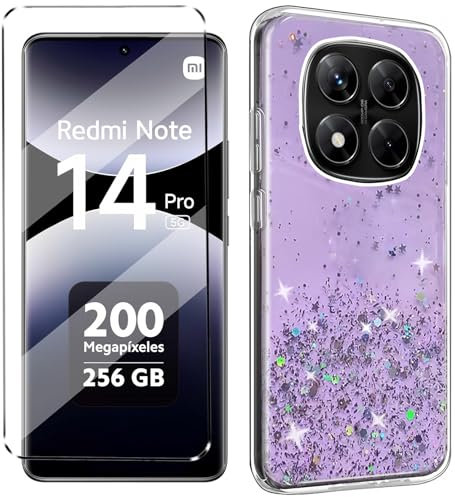 HuiYouMY Coque de Protection et 1Pcs Verre trempé Protection Compatible with Xiaomi Redmi Note 14 Pro 5G, Étui Housse Antichoc, Violet