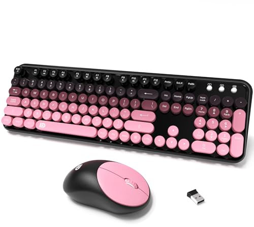 Wireless Keyboard and Mouse Combo, 2.4 GHz Wireless Full-Sized Typewriter Keyboard with Round Keycaps for Windows, Computer, Desktop, PC, Laptop (Pink)