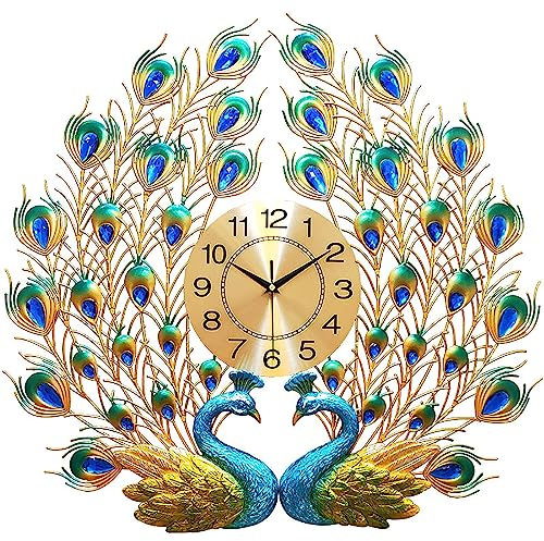 YLME Pfauen Wanduhr 63x60cm, Stumme Mechanik, Wohnzimmer Dekoration,Colourful