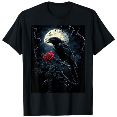 Rabe Rose Mond Düster Gothic Blume Damen Schwarze Krähe T-Shirt