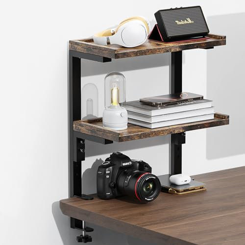 Spacrea clamp on Desk Shelf, 2 Tier Office Desk Shelves Organizer, Wood Desktop Supplies Storage Rack, Desk Organizers and Accessories (Wood)