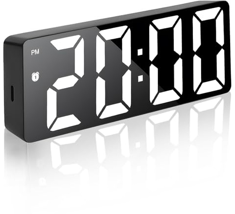 Businey Voice Control LED Mirror Alarm Clock with Large Display | Digital Clock Bedside USB/Battery Powered, Adjustable Brightness & Temperature, Silent No Ticking, 12/24H Format