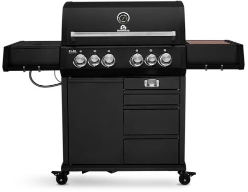 BURNHARD 4-Brenner Gasgrill Edelstahl inkl. Heckbrenner, mit Gusseisen Grillrost & inkl. stabiler Abdeckhaube, Seitenkochfeld mit Infrarot Keramikbrenner - Big EARL Black