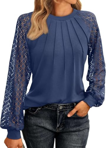Pawate Blouse Femme Manches Longues - Top Dentelle Élégant - Style Business ou Casual - Tunique Tendance Automne - Look Y2K(Bleu Marine/M)