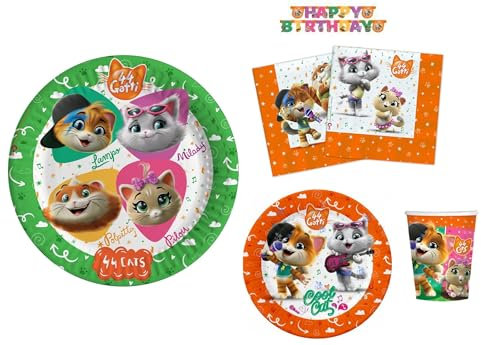 Set Coordinato-44 GATTI- Completo di 8 Bicchieri + 8 Piatti + 16 Tovaglioli 33x33 + 8 Piatti da Dessert + Festone Happy BDay 2,5 metri, Ideale per rendere unica la tua festa !