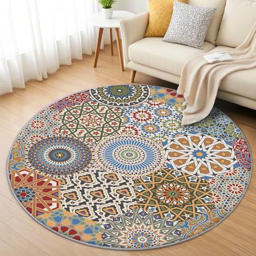 AevuCub Mandala Teppich Rund 60 cm Kurzflor - Waschbare Teppiche Wohnzimmer Bohemian - Runder Teppich 60 cm Durchmesser Kinderzimmer - Bettvorleger Schlafzimmer rutschfest Weich