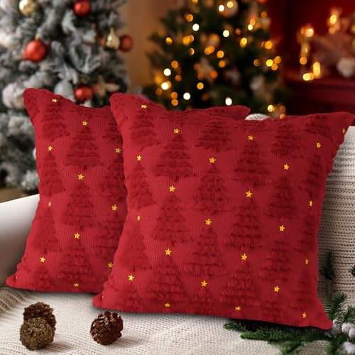 Lanpn 2 Stück Kissenbezug Weihnachten Kissenhülle 40x40 cm, Winter Stern Weihnachtsbaum Dekorative Weihnachtskissen für Home Wohnzimmer Schlafzimmer Couch Bett Sofa Dekor Weihnachtsdeko (Rot)