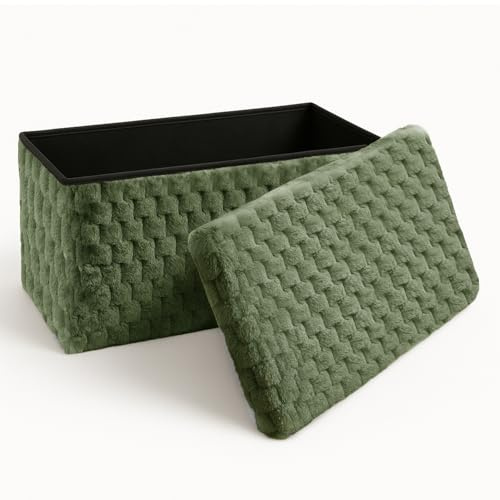 Home Republic Chunky Popcorn Faux Fur Storage Ottoman, Foldable Cube Design, Multipurpose Storage Chest with Lid, Contemporary Style Footrest and Seating Solution (Olive Green, 76D x 38W x 38H cm)